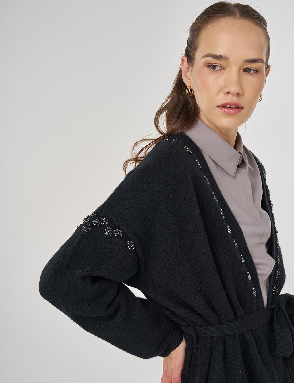 Embroidered Knit Cardigan in Black