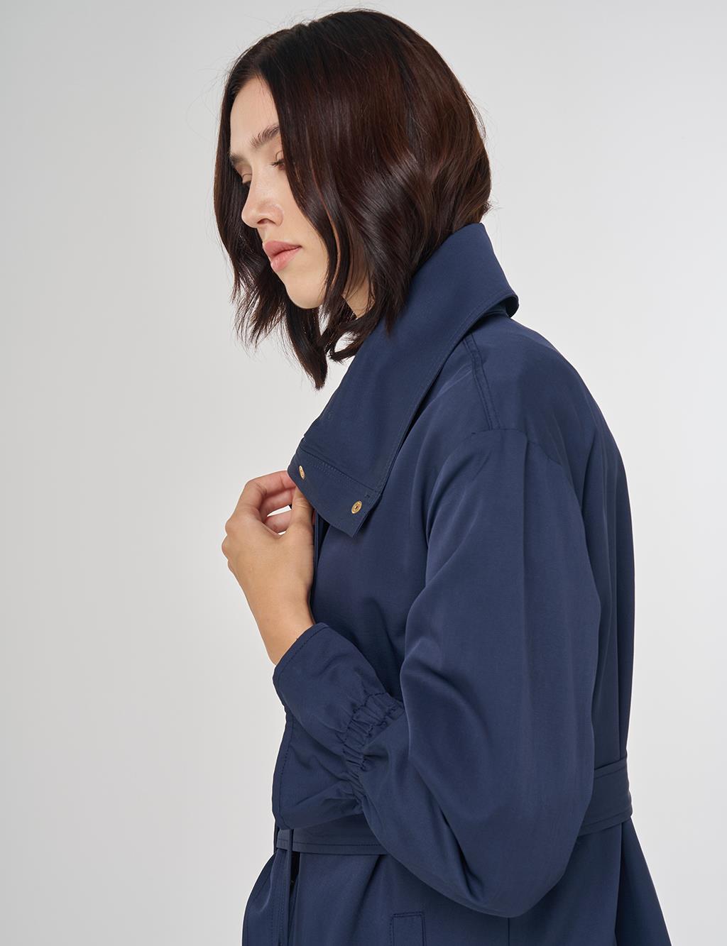 Bilek Detaylı Uzun Trençkot Koyu Lacivert 