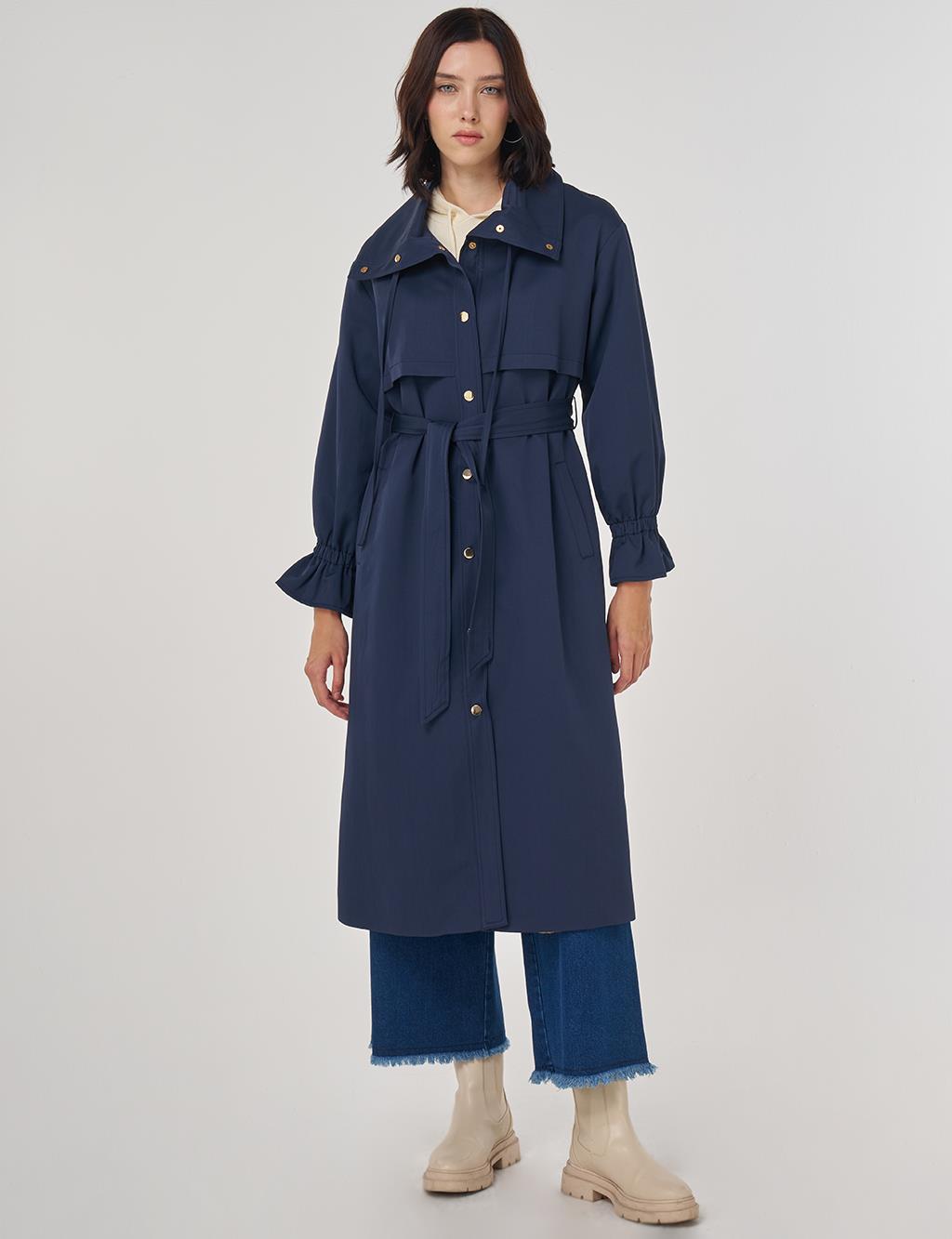 Bilek Detaylı Uzun Trençkot Koyu Lacivert 