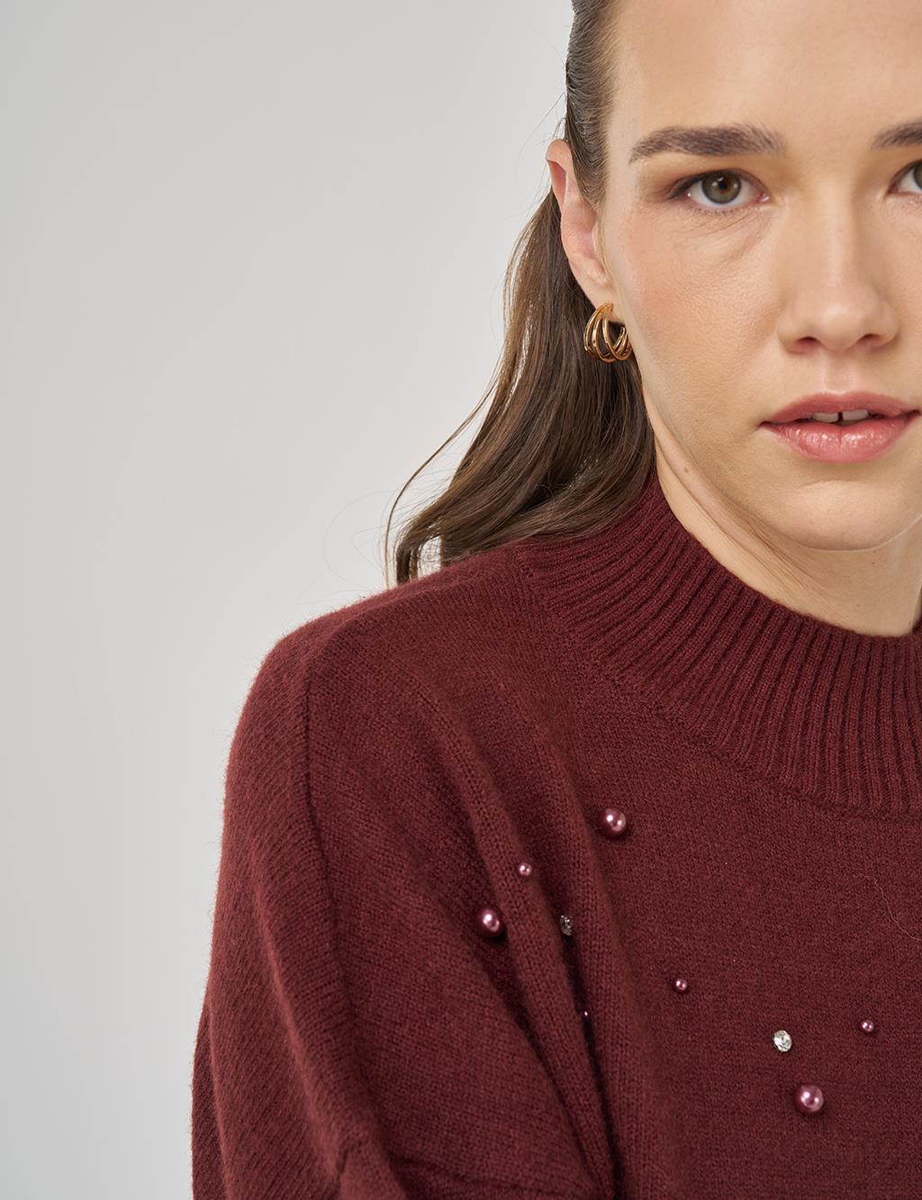 Pearl Embellished Knit Tunic in Burgundy