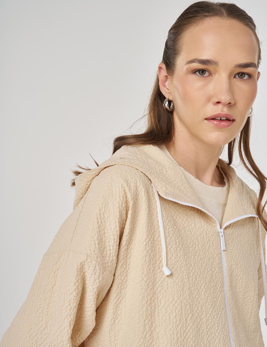 Kapüşon Detaylı Gofreli Ceket Açık Sarı