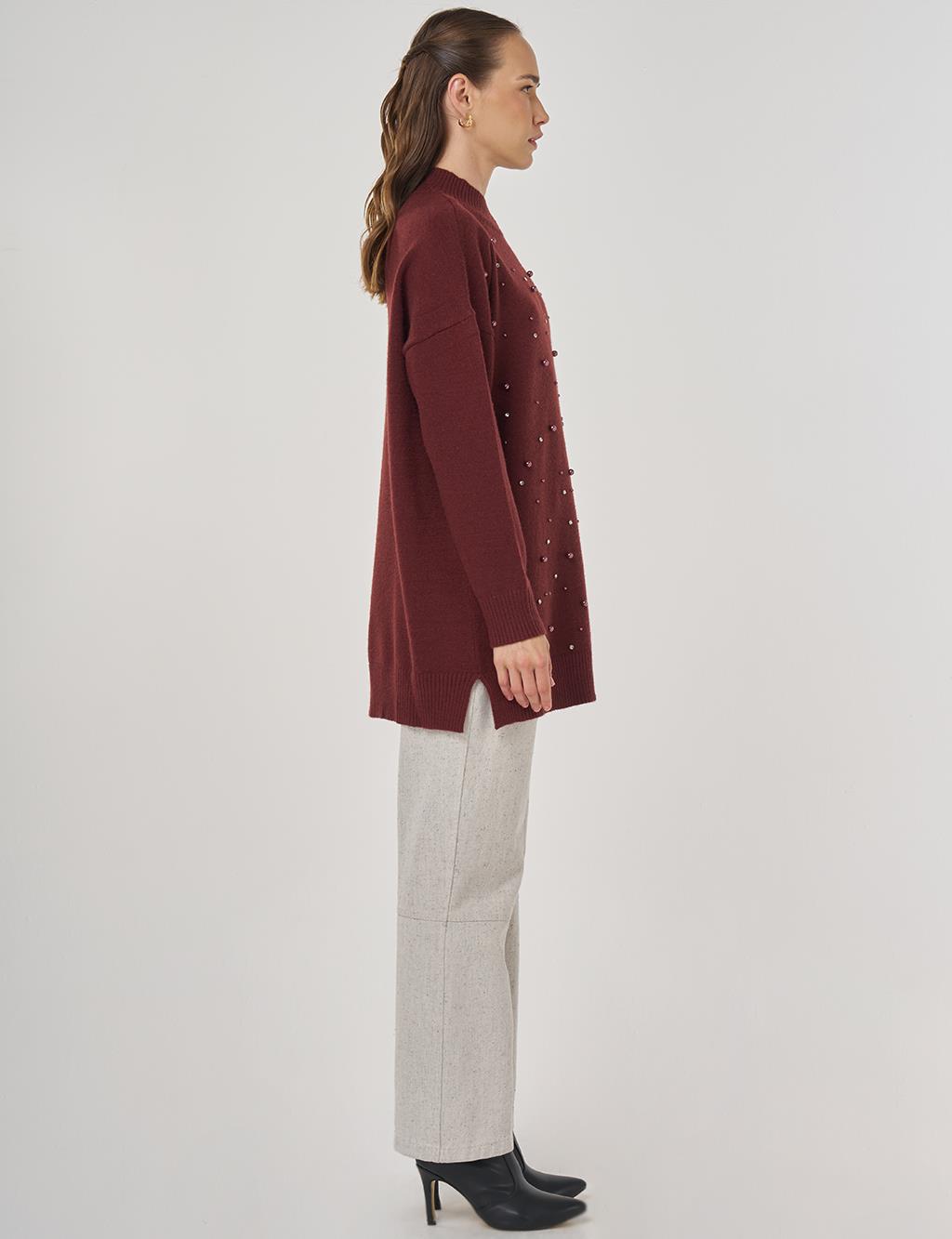 Pearl Embellished Knit Tunic in Burgundy