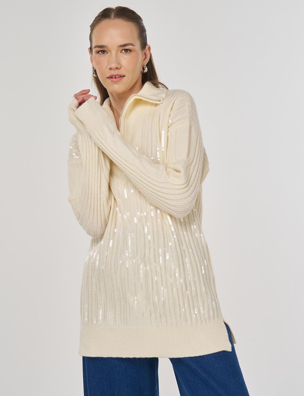 Payet İşlemeli Viskon Triko Tunik Bej 