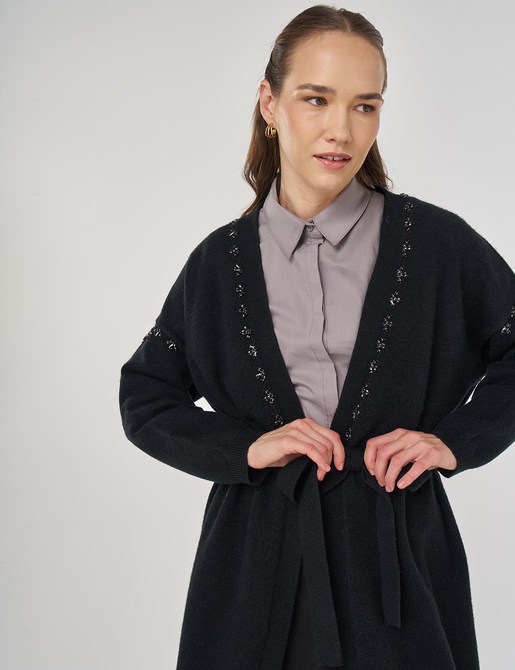 Embroidered Knit Cardigan in Black