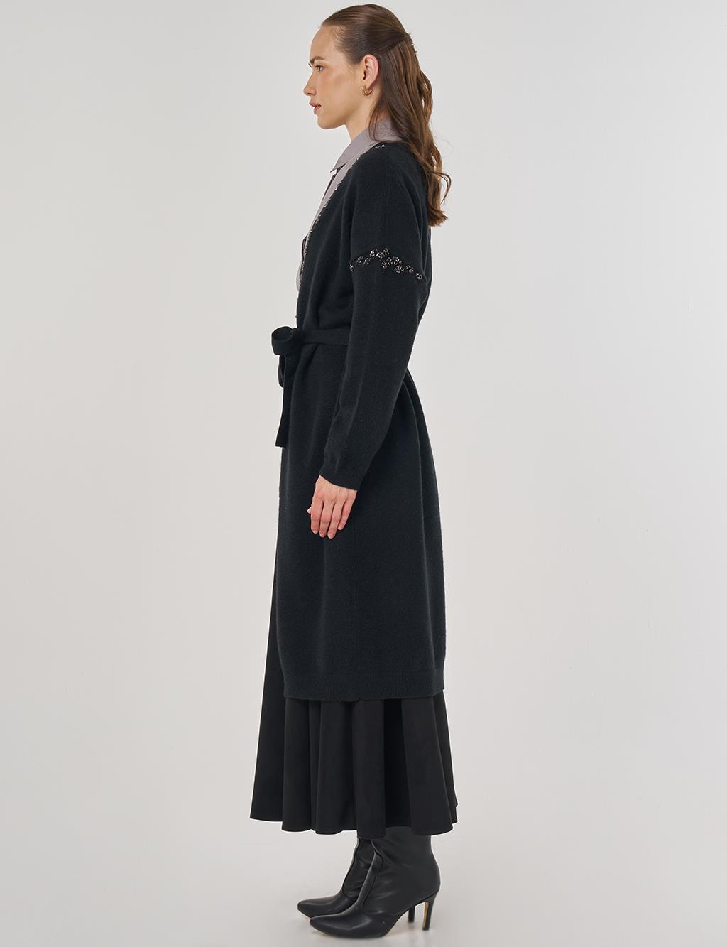 Embroidered Knit Cardigan in Black