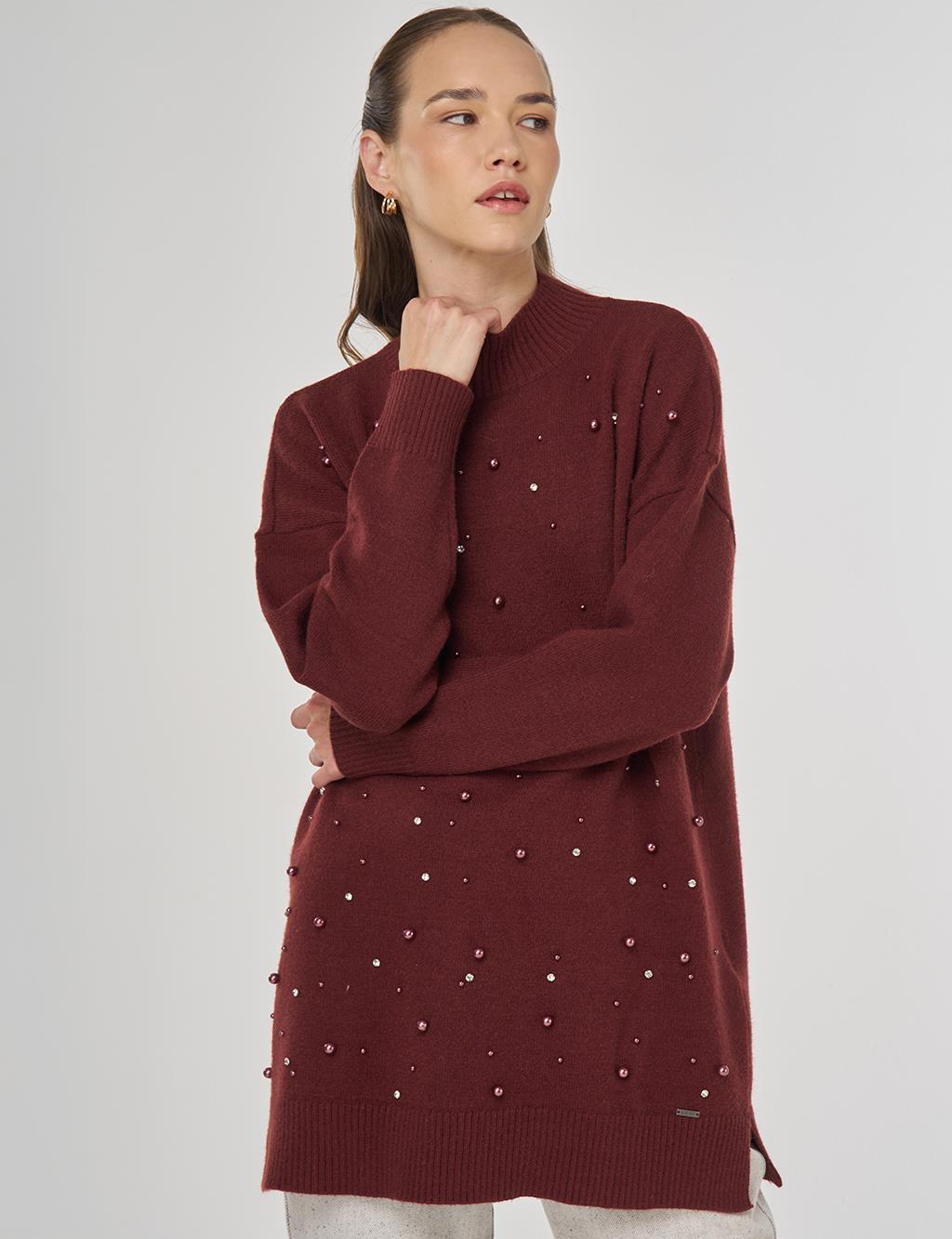 Pearl Embellished Knit Tunic in Burgundy