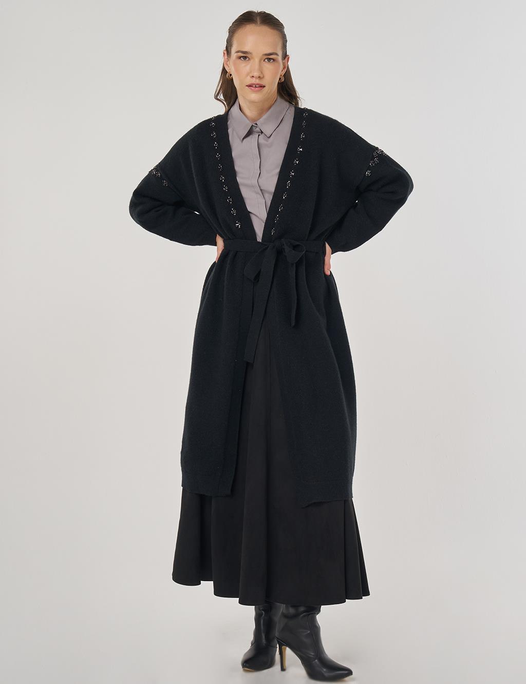 Embroidered Knit Cardigan in Black