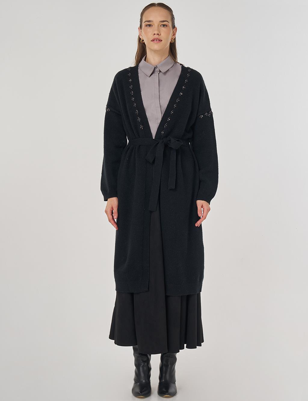 Embroidered Knit Cardigan in Black