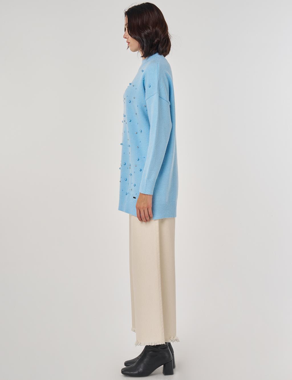 Pearl Embellished Knit Tunic in Crown Blue