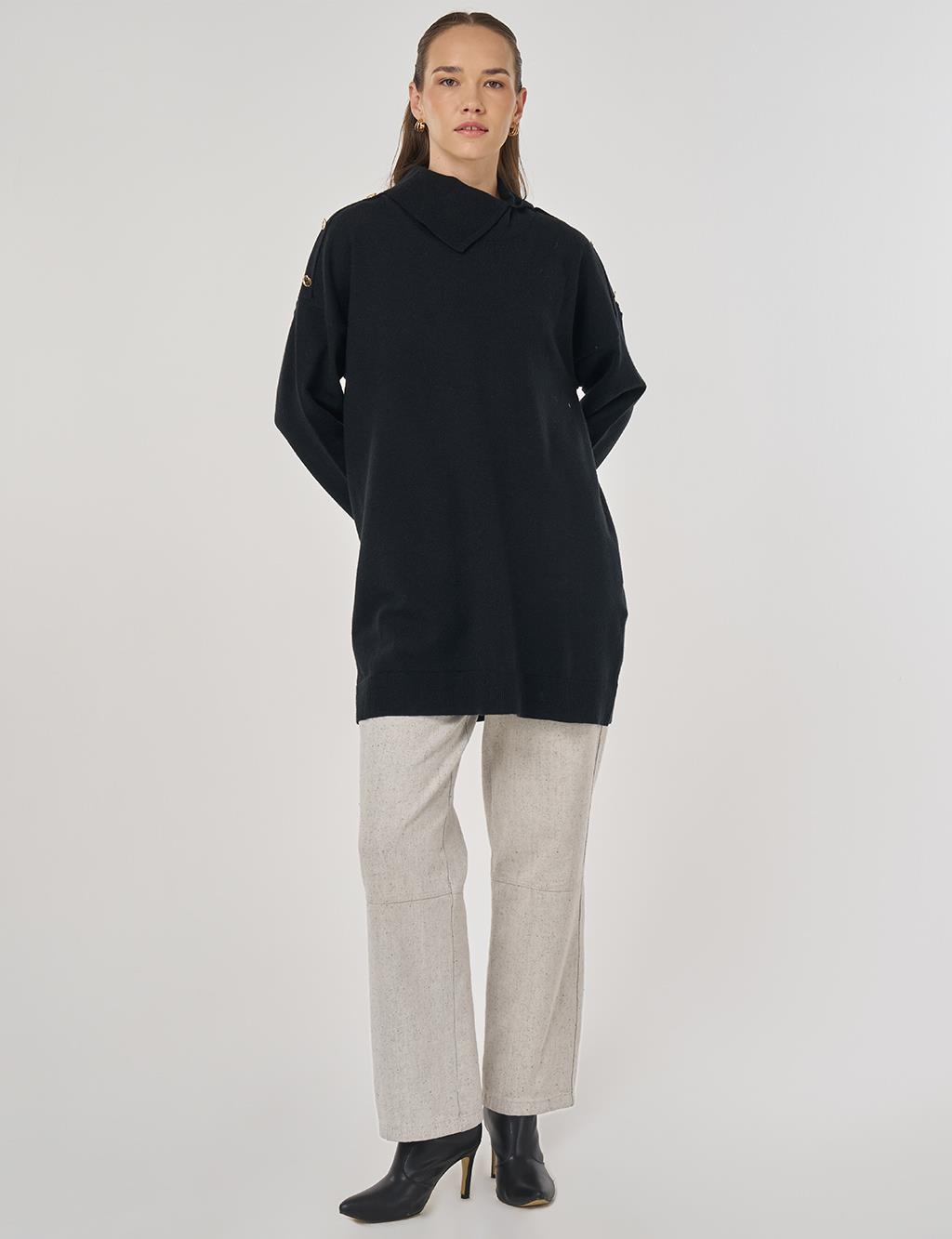 Button Detailed Knit Tunic in Black
