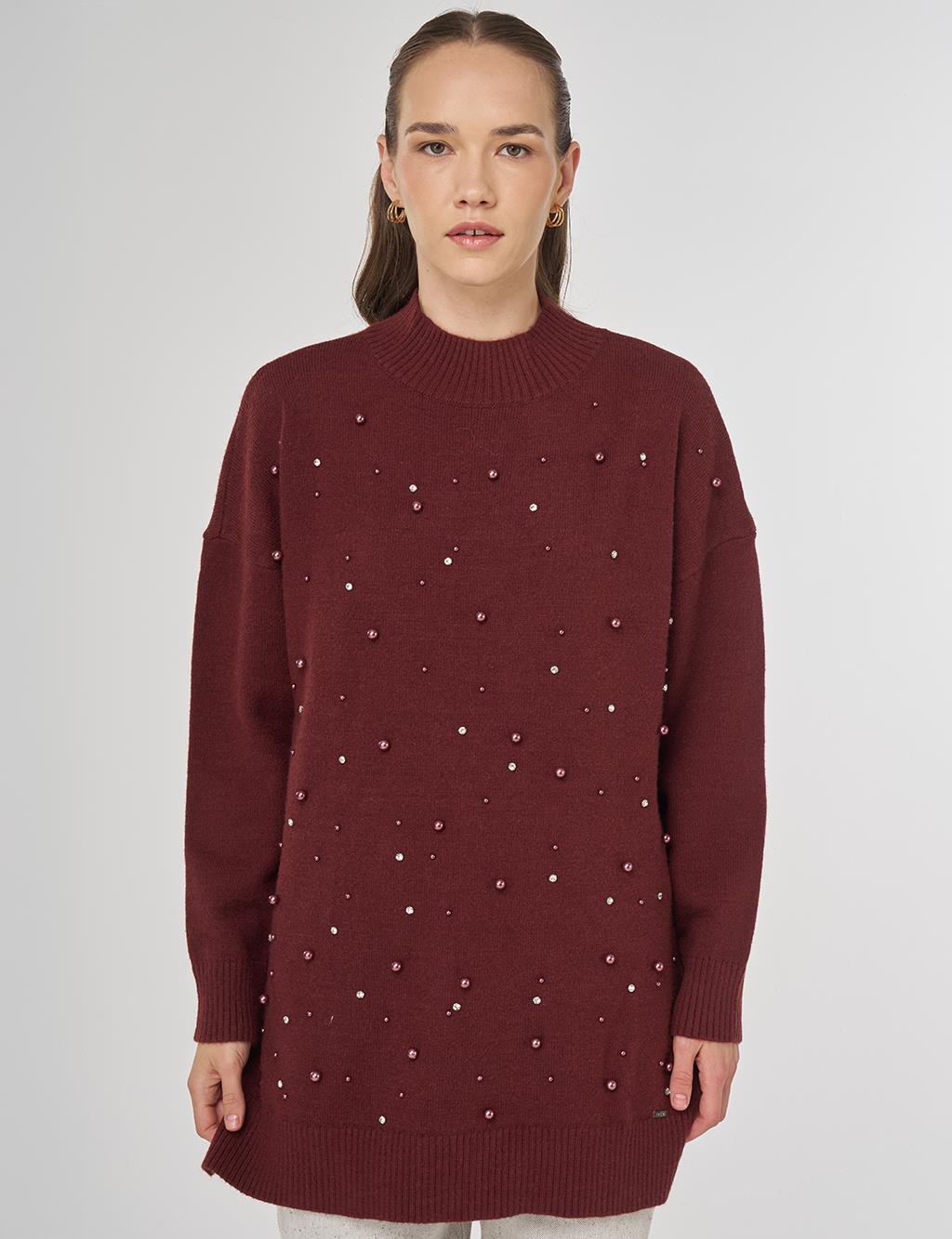 Pearl Embellished Knit Tunic in Burgundy
