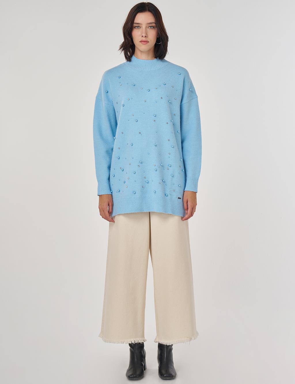 Pearl Embellished Knit Tunic in Crown Blue