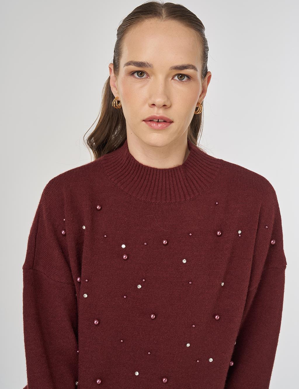 Pearl Embellished Knit Tunic in Burgundy