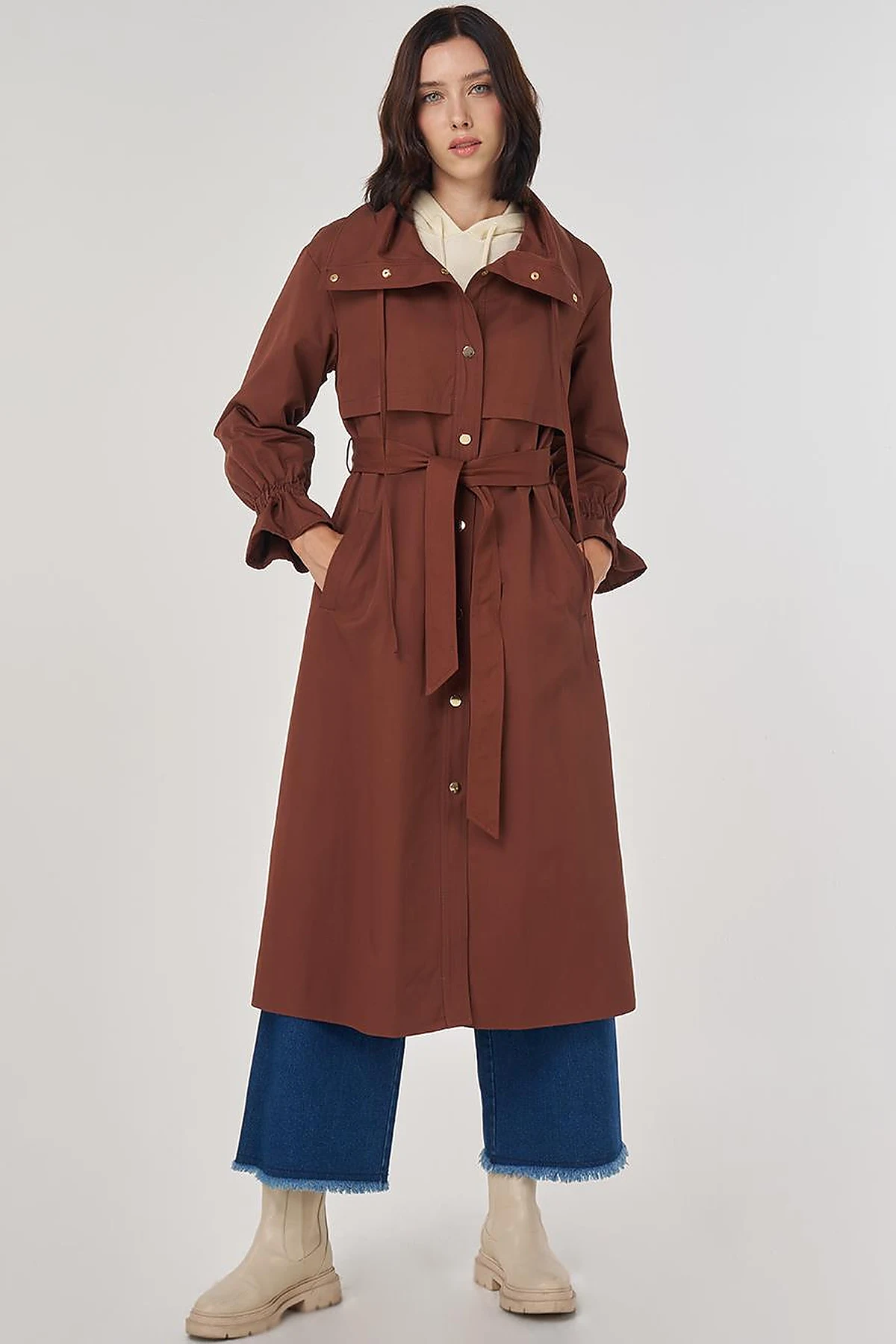 Cuff Detailed Long Trench Coat in Coffee