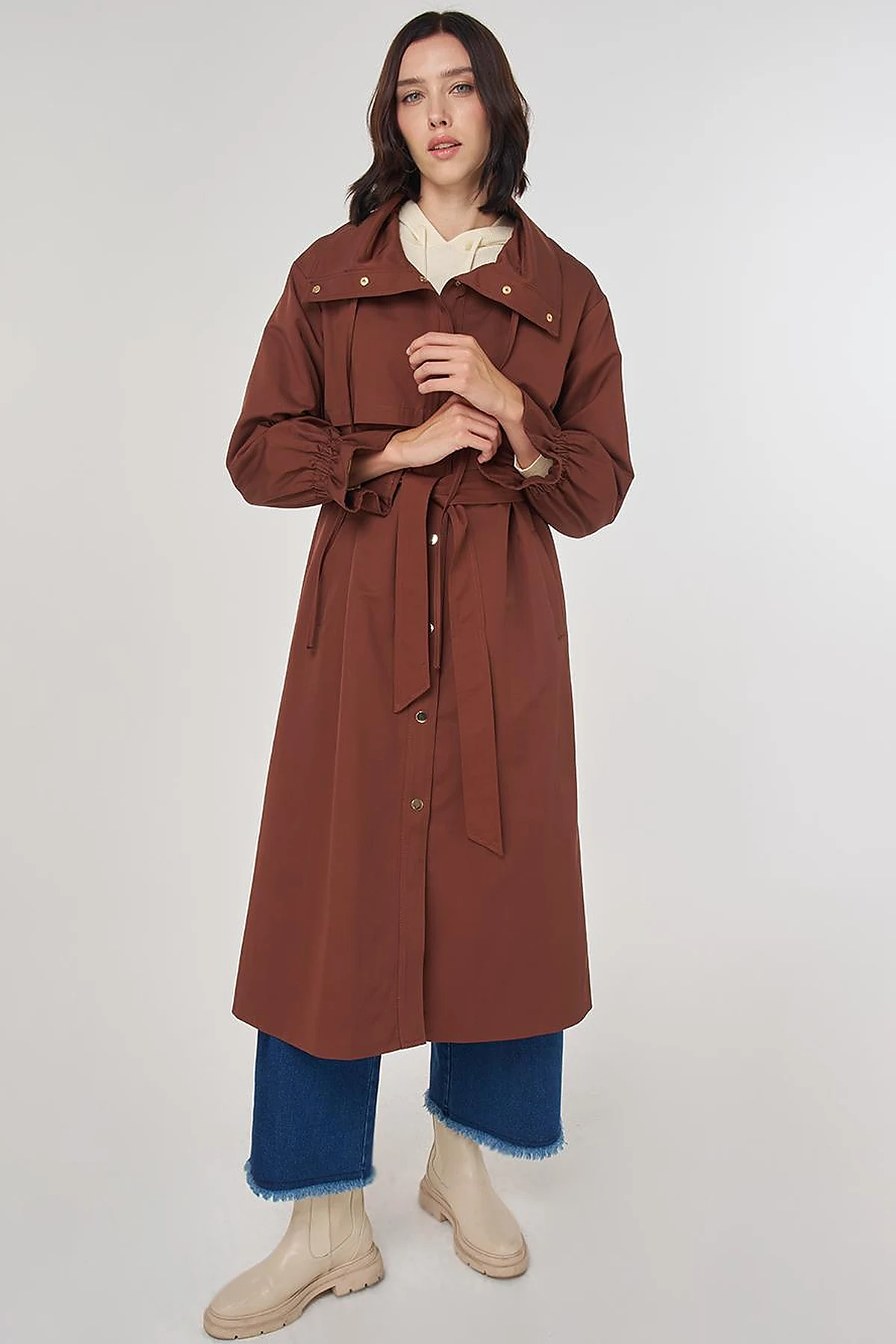 Cuff Detailed Long Trench Coat in Coffee