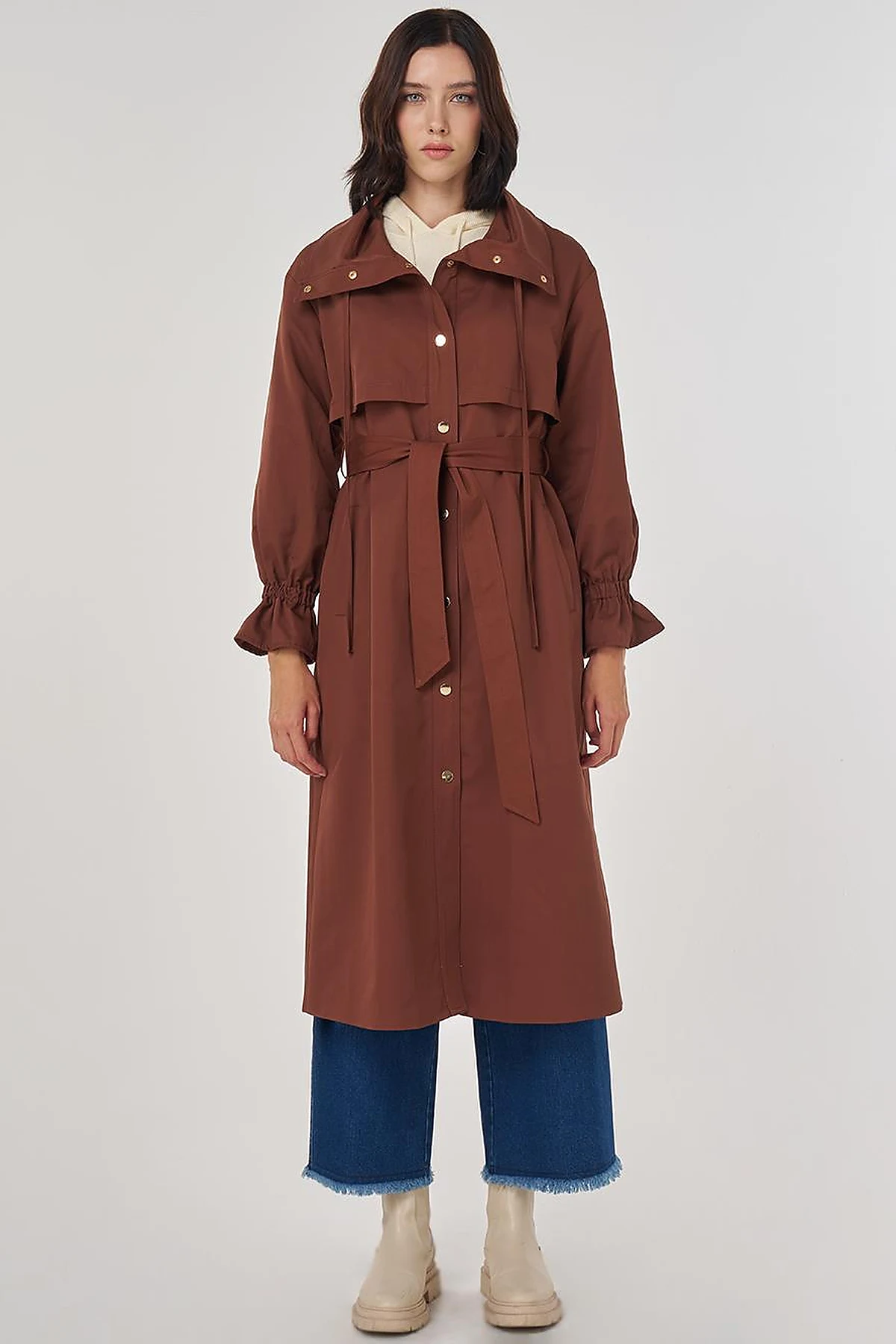 Cuff Detailed Long Trench Coat in Coffee