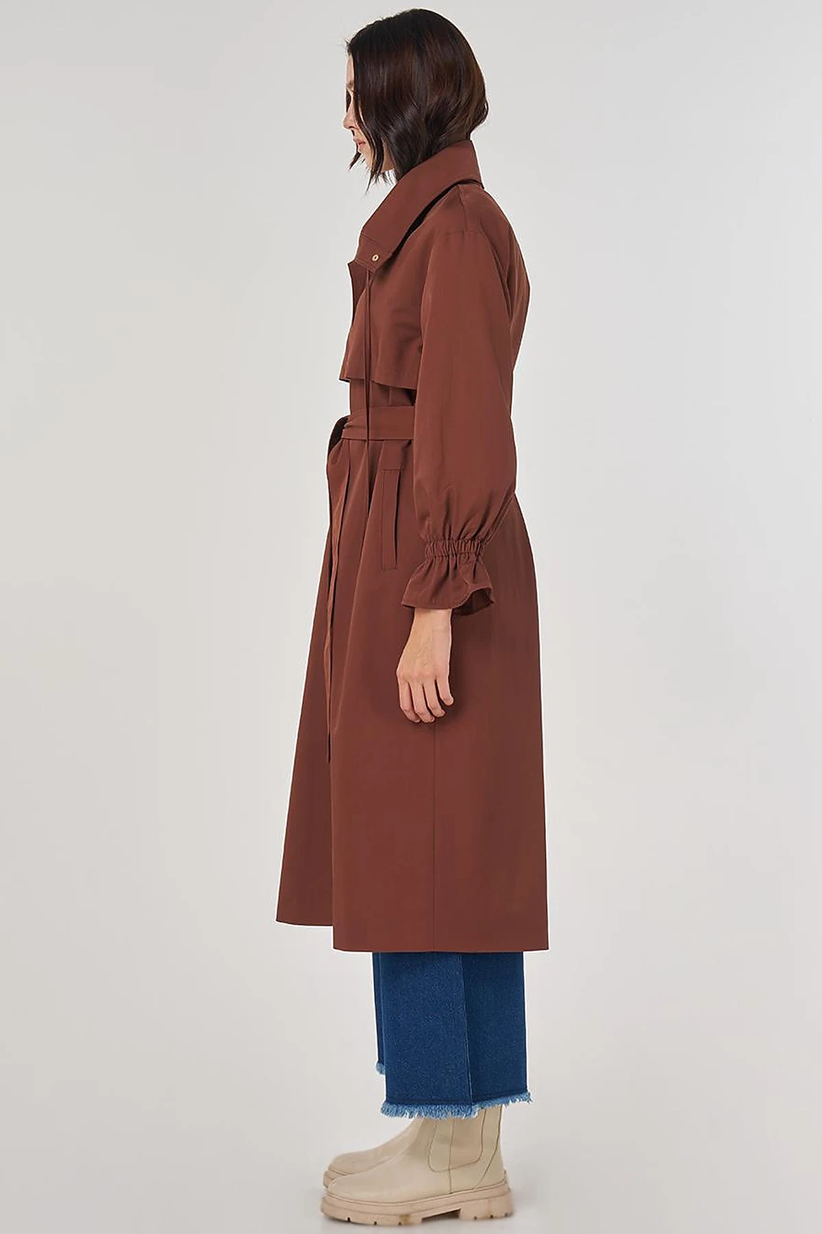 Cuff Detailed Long Trench Coat in Coffee