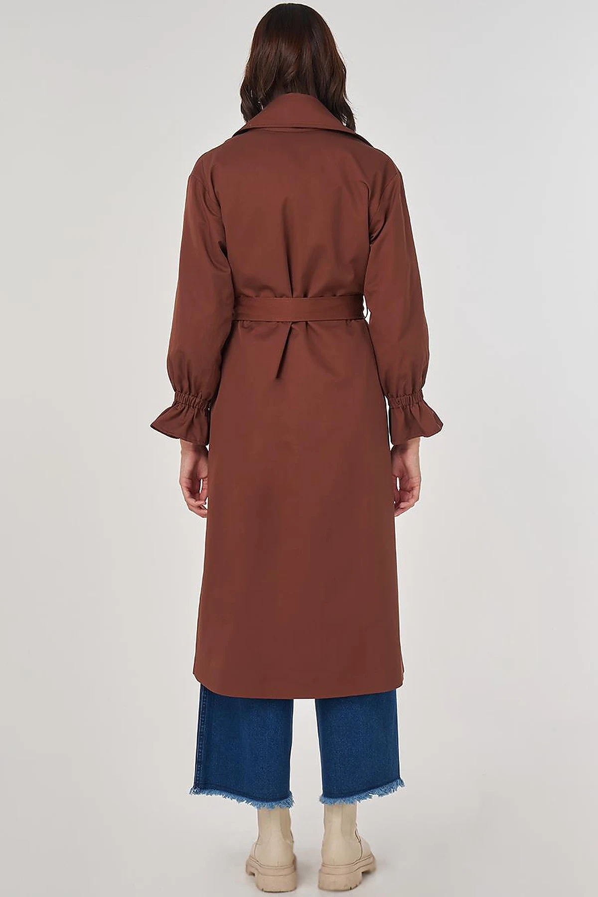 Cuff Detailed Long Trench Coat in Coffee
