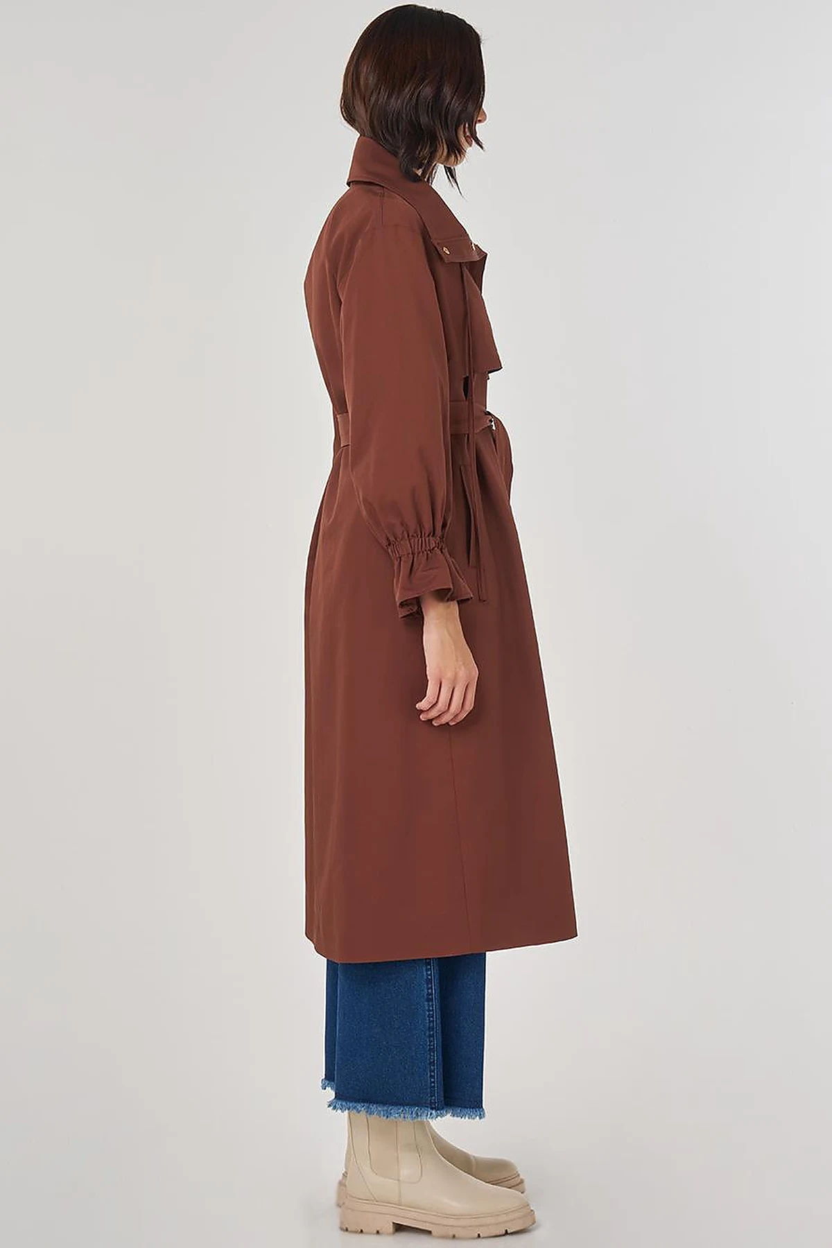 Cuff Detailed Long Trench Coat in Coffee