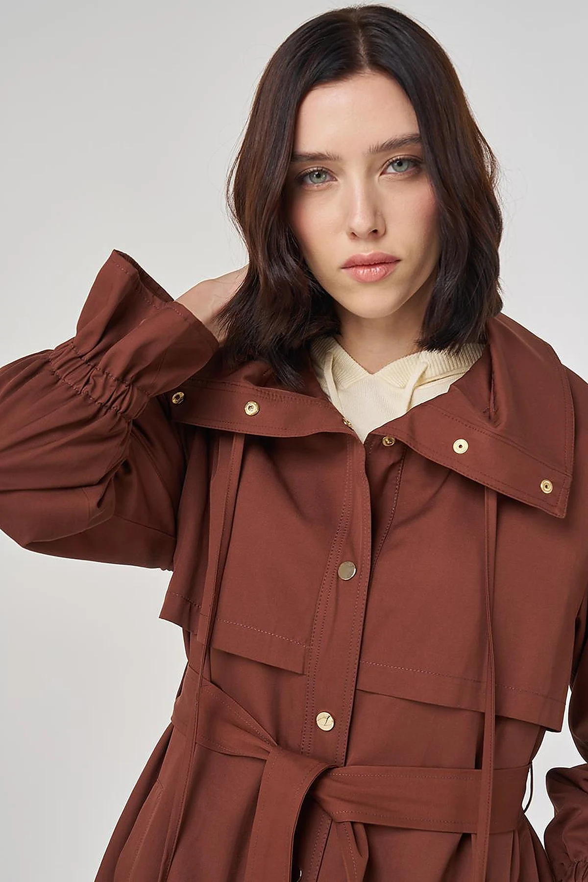 Cuff Detailed Long Trench Coat in Coffee