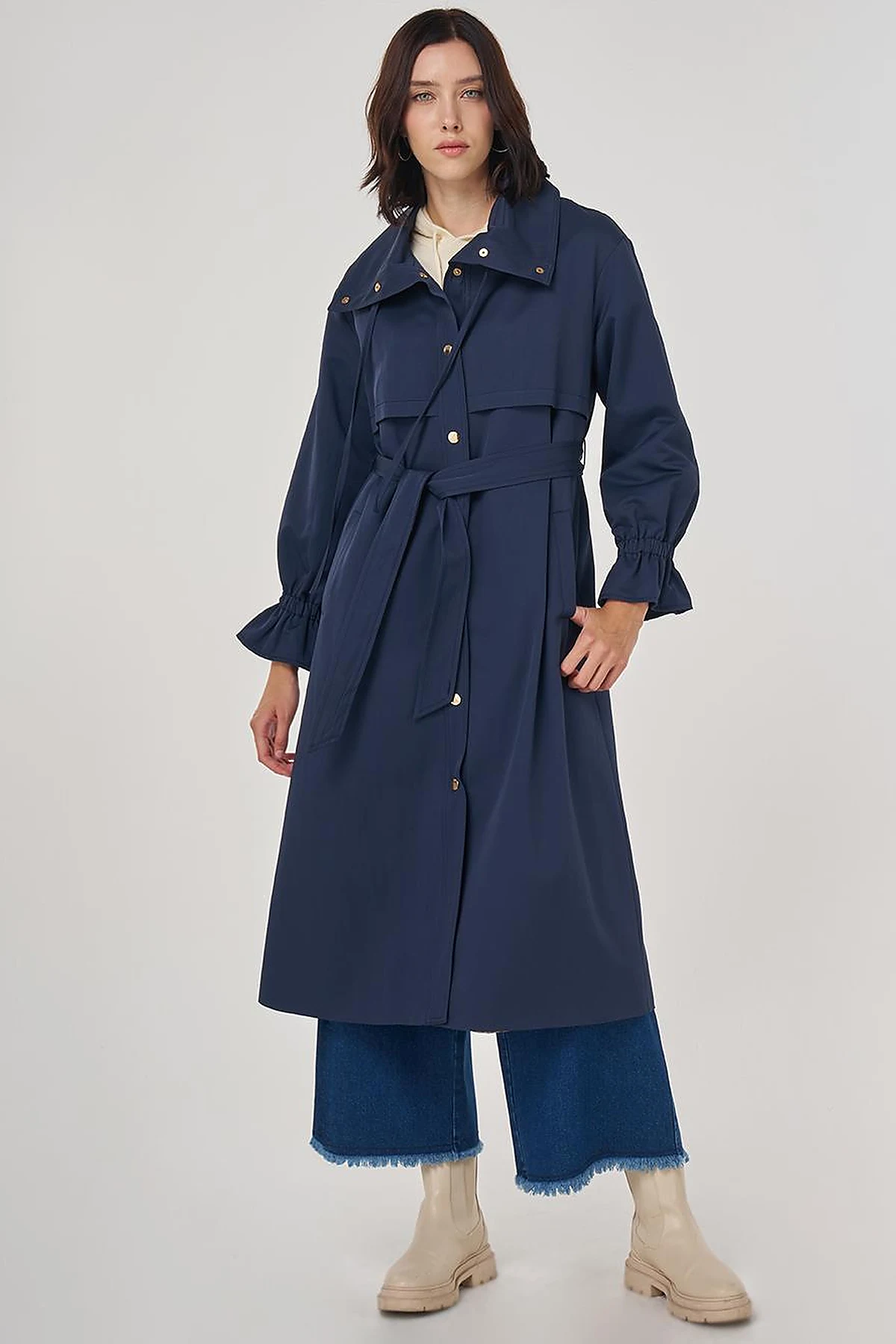 Cuff Detailed Long Trench Coat in Dark Navy