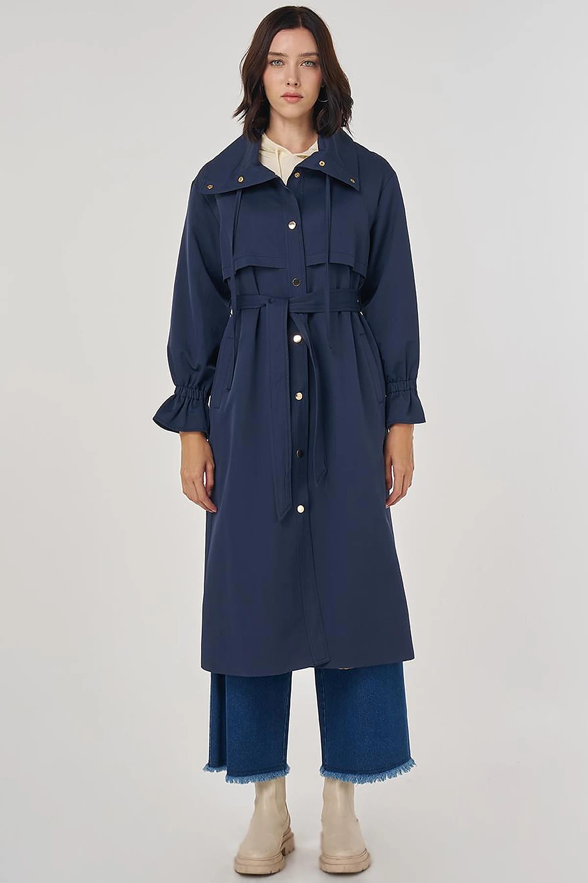 Cuff Detailed Long Trench Coat in Dark Navy