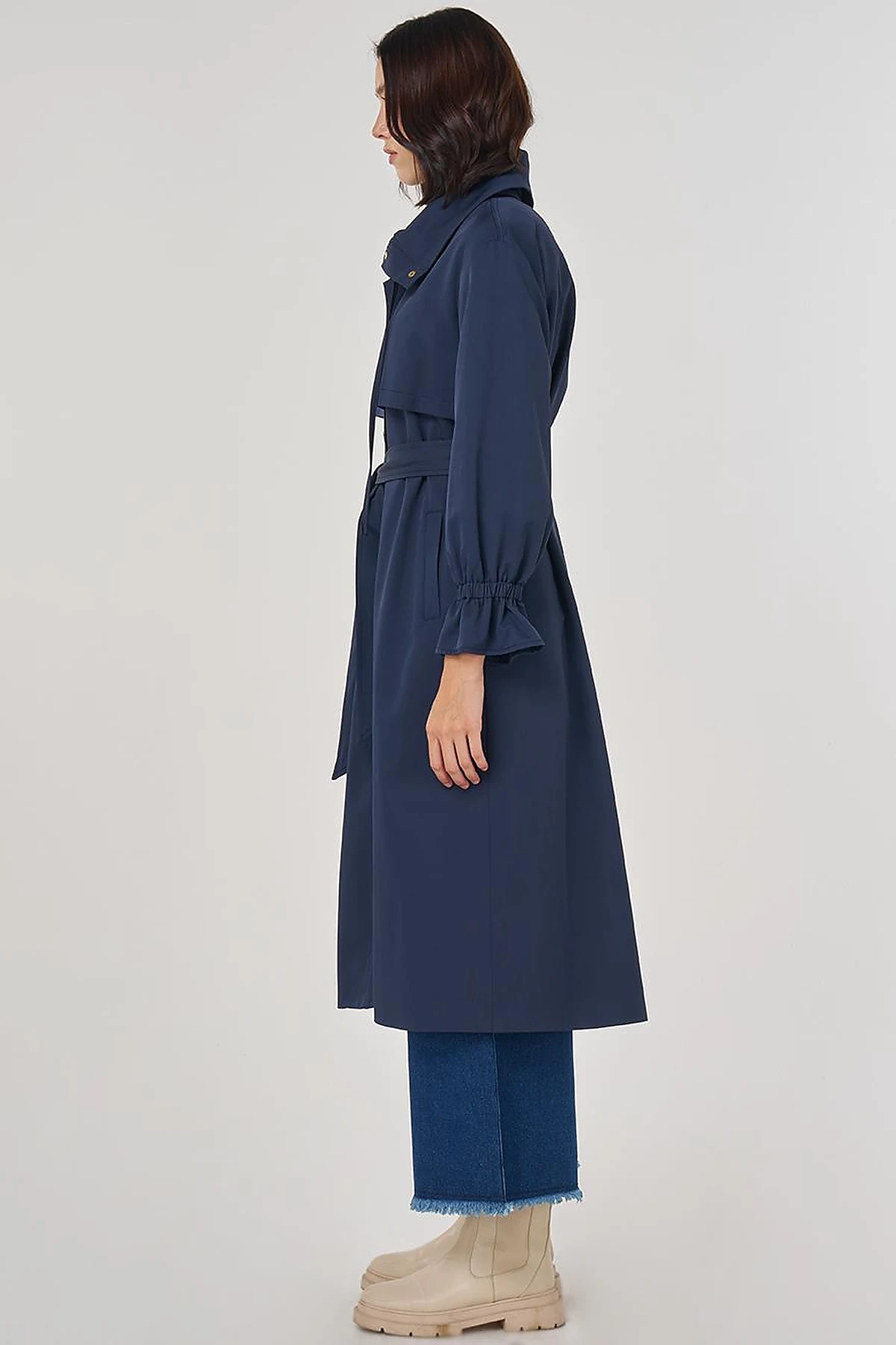 Cuff Detailed Long Trench Coat in Dark Navy
