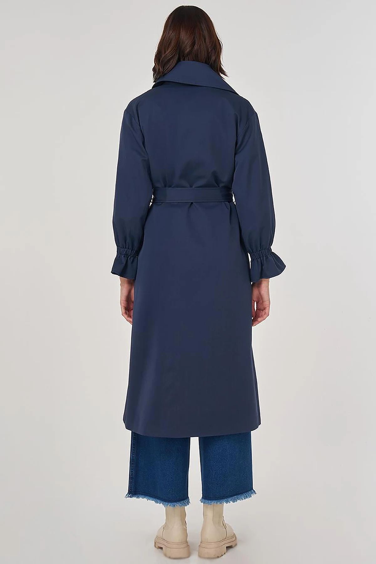 Cuff Detailed Long Trench Coat in Dark Navy