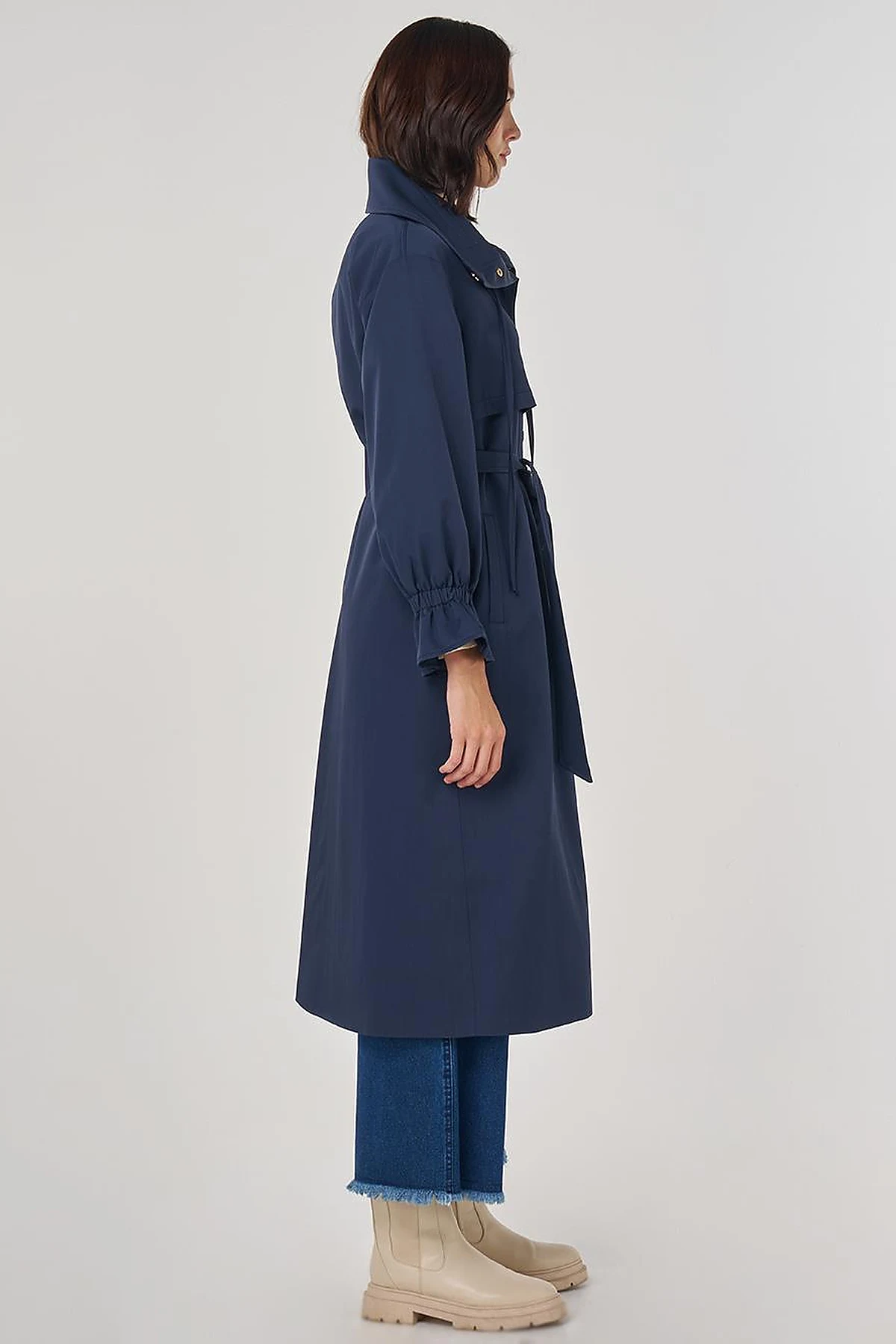 Cuff Detailed Long Trench Coat in Dark Navy