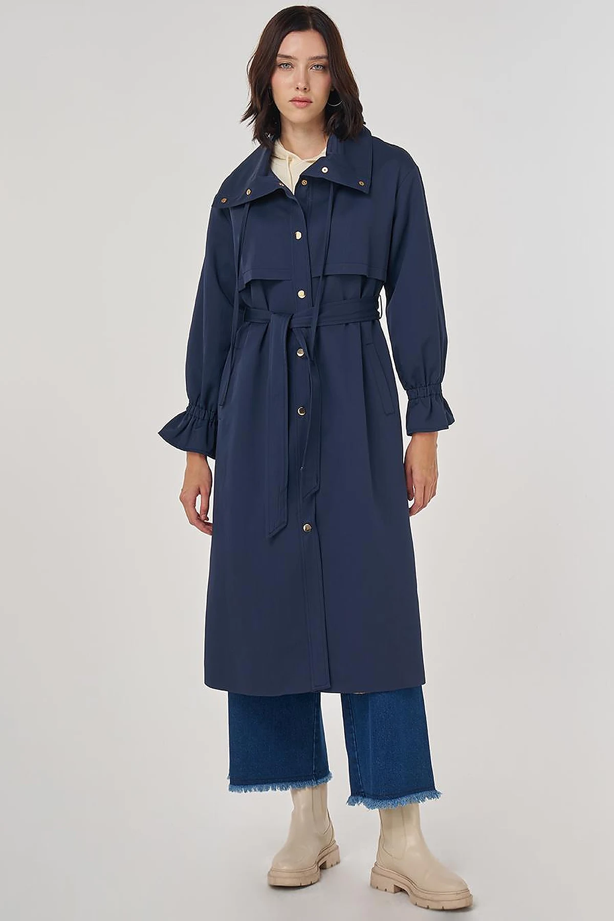 Cuff Detailed Long Trench Coat in Dark Navy