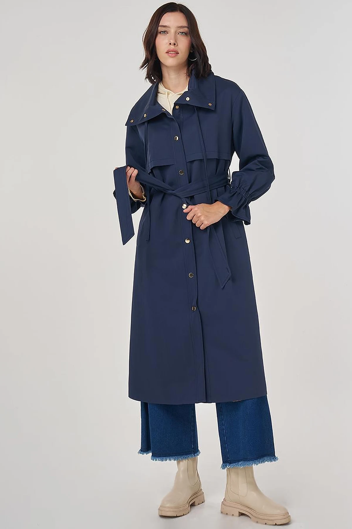 Cuff Detailed Long Trench Coat in Dark Navy