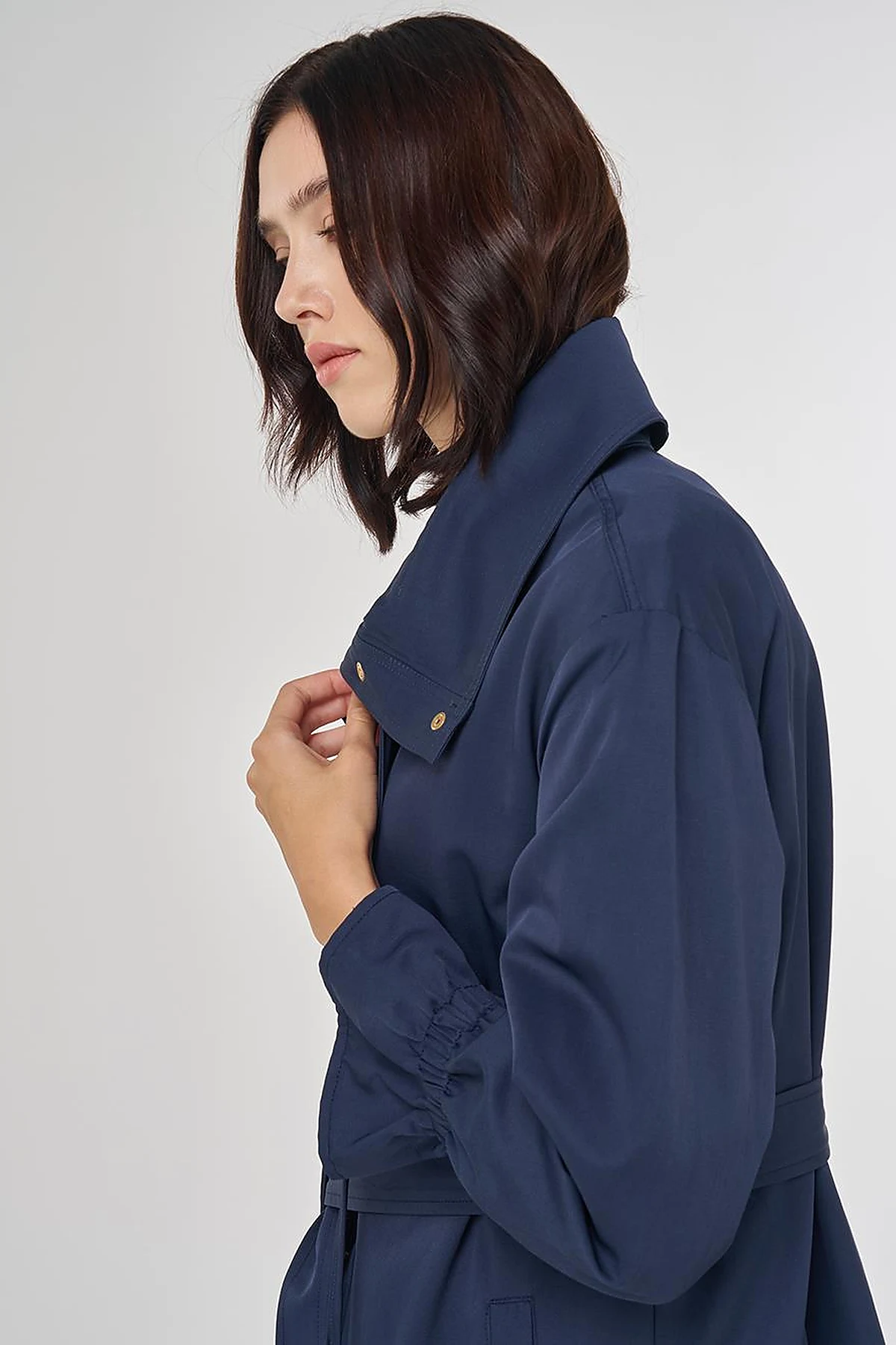 Cuff Detailed Long Trench Coat in Dark Navy