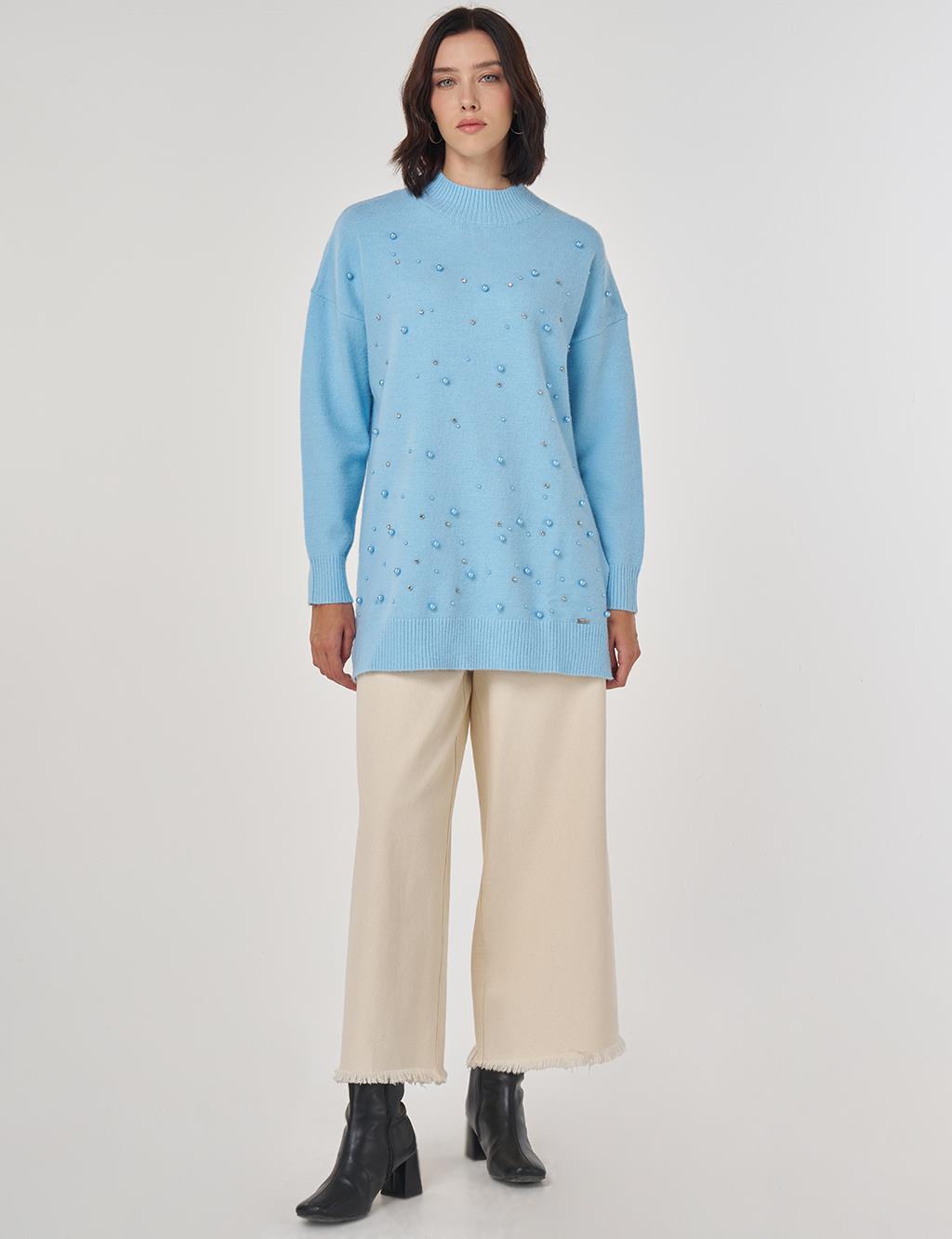 Pearl Embellished Knit Tunic in Crown Blue