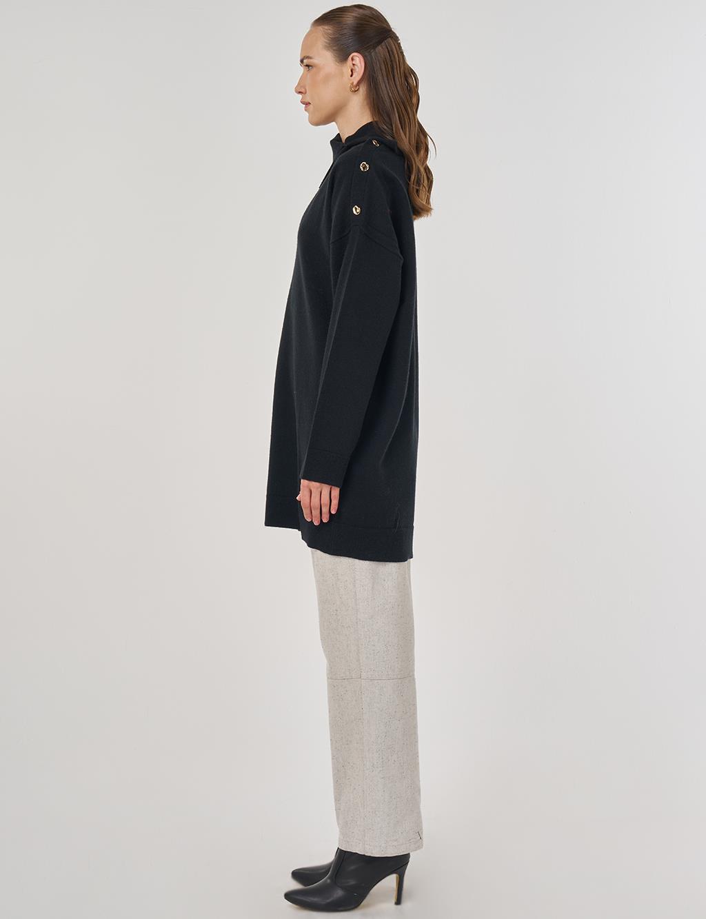 Button Detailed Knit Tunic in Black