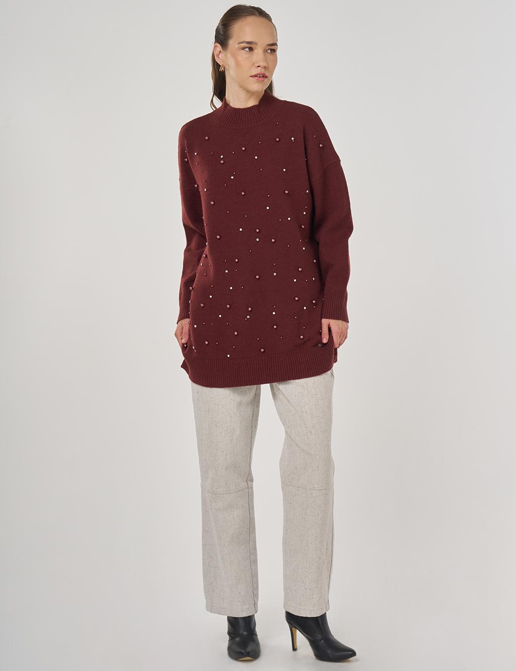 Pearl Embellished Knit Tunic in Burgundy