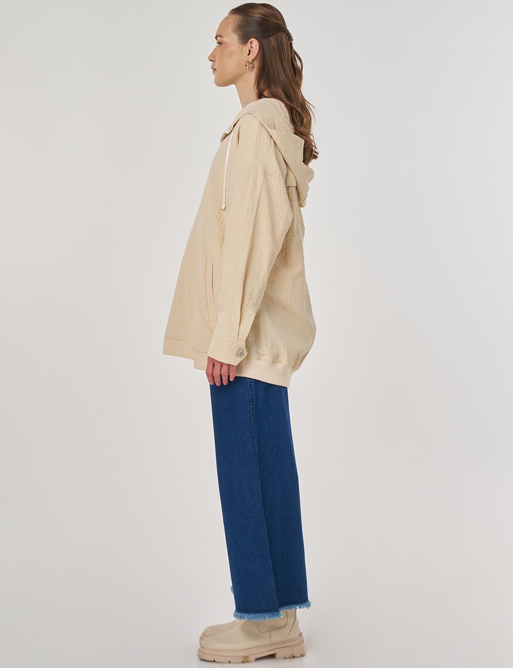 Kapüşon Detaylı Gofreli Ceket Açık Sarı