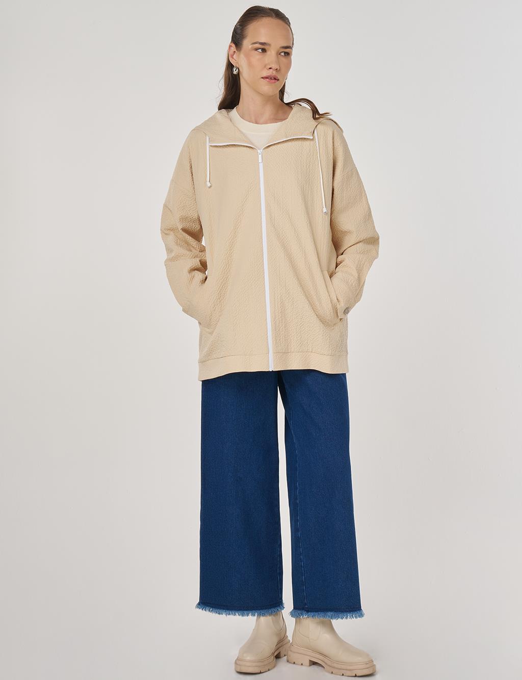 Kapüşon Detaylı Gofreli Ceket Açık Sarı