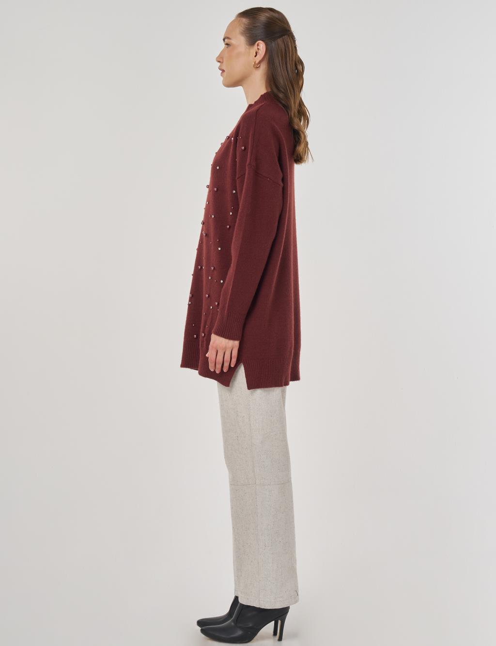 Pearl Embellished Knit Tunic in Burgundy