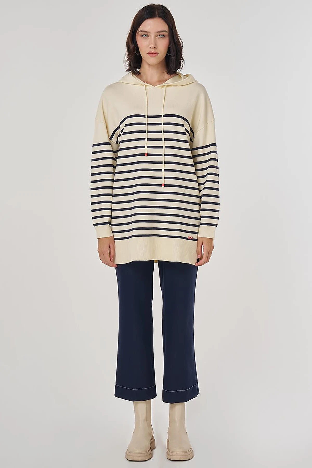 Striped Viscose Knit Tunic in Dark Navy