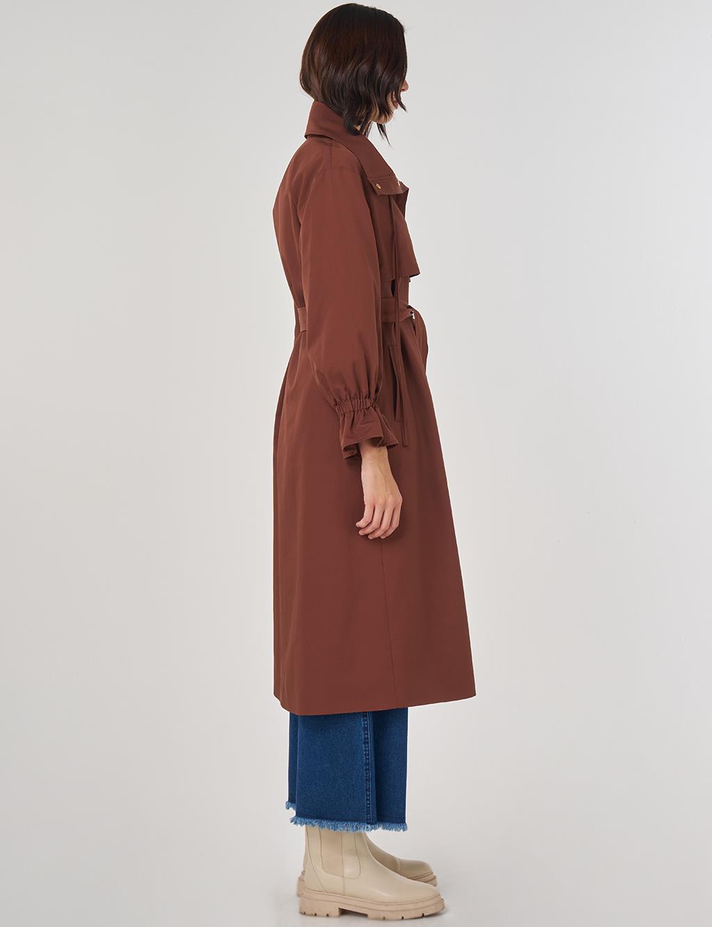 Bilek Detaylı Uzun Trençkot Kahve