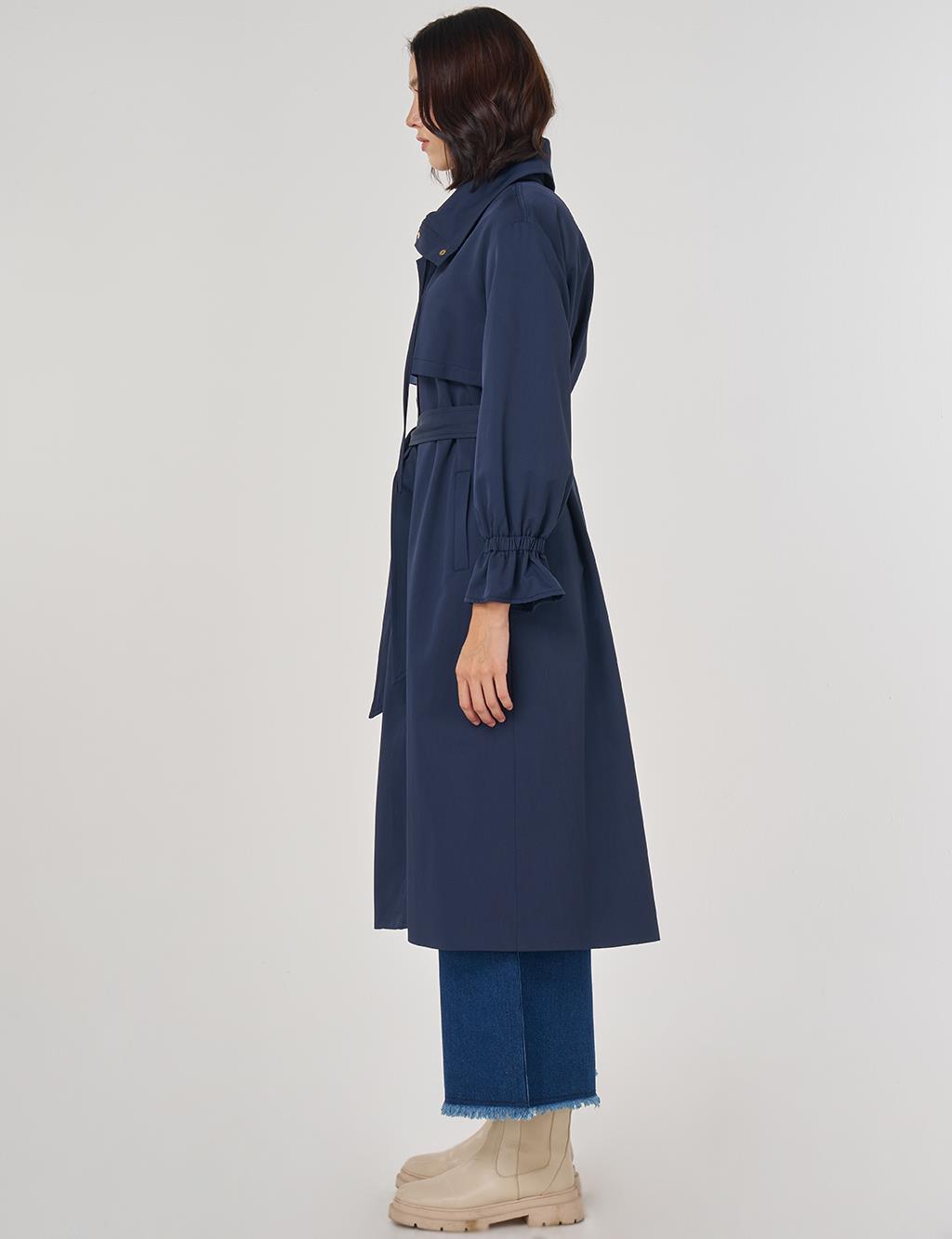 Bilek Detaylı Uzun Trençkot Koyu Lacivert 