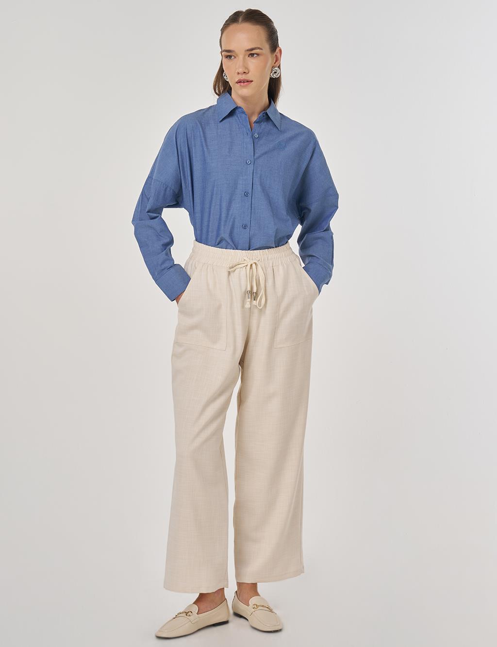 Yüksek Bel Rahat Kesim Pantolon Krem