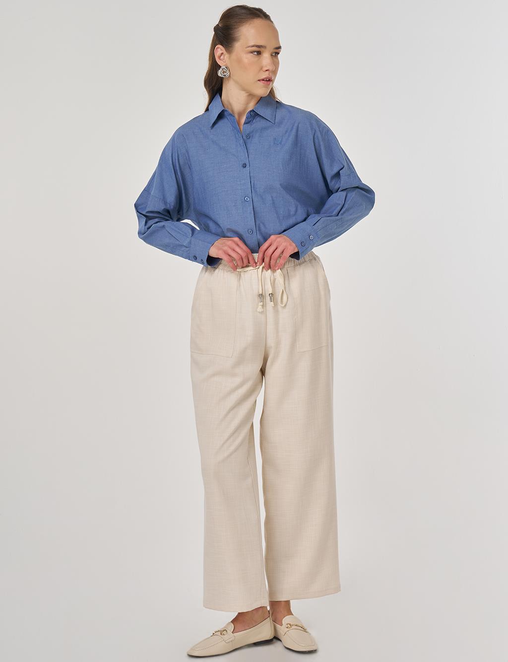 Yüksek Bel Rahat Kesim Pantolon Krem