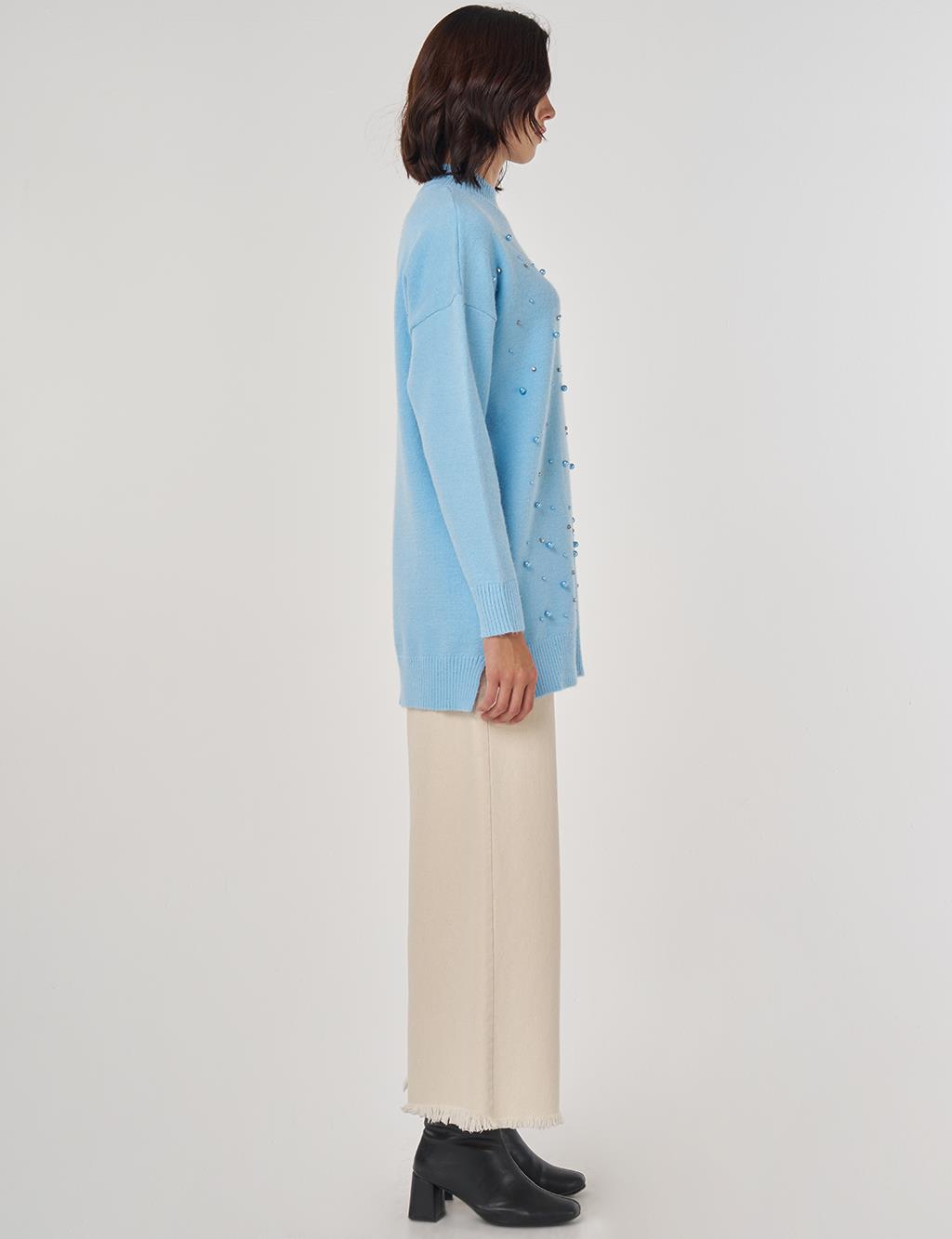 Pearl Embellished Knit Tunic in Crown Blue