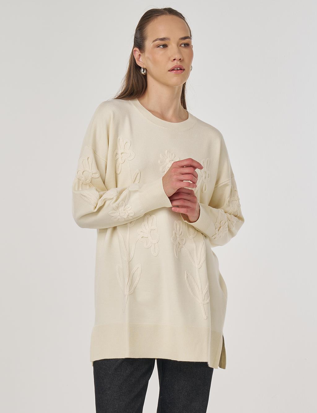 Appliquéd Viscose Knit Tunic in Cream