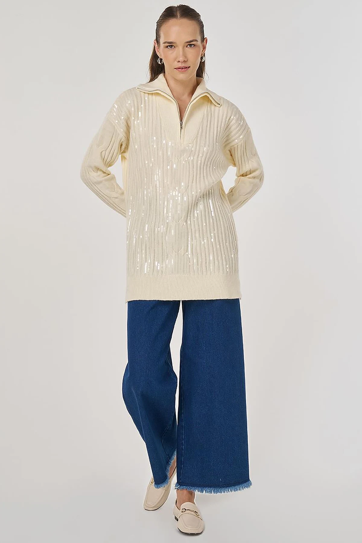 Sequin Embroidered Viscose Knit Tunic in Beige