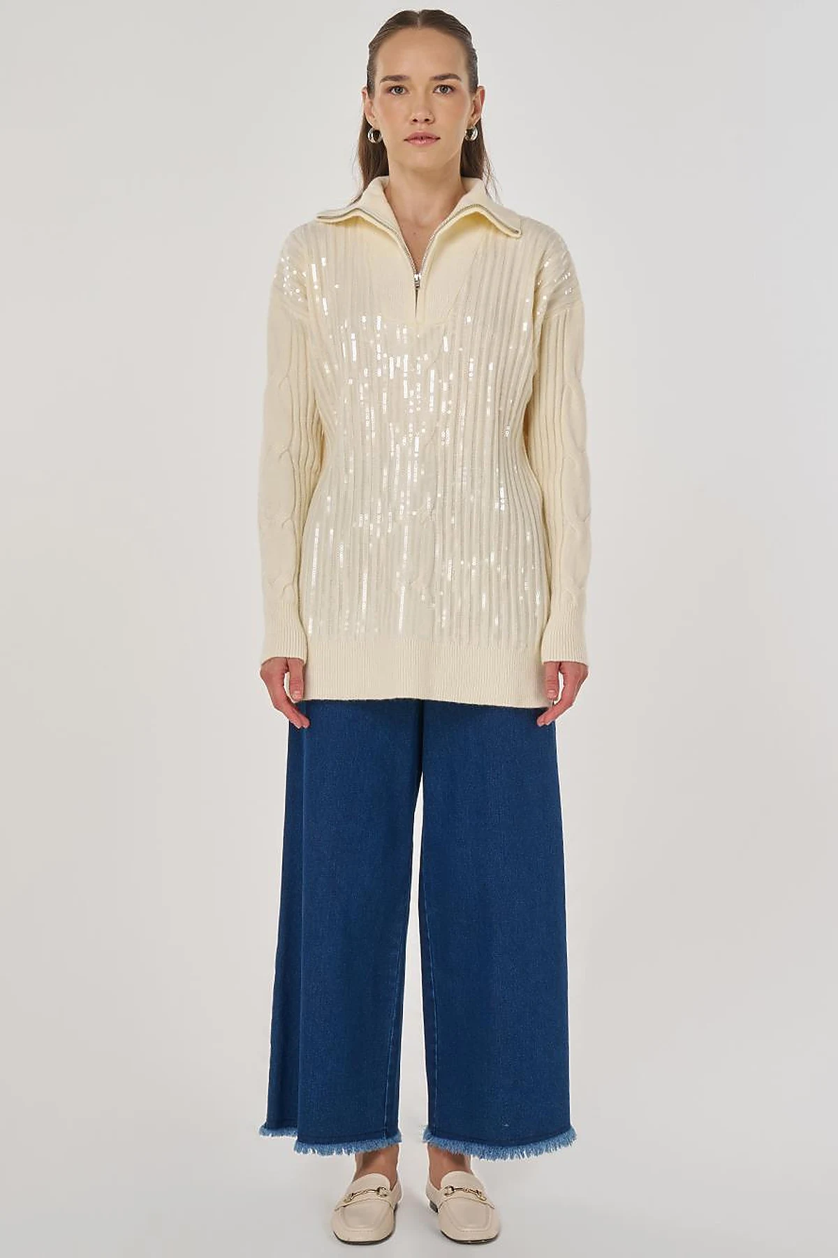 Sequin Embroidered Viscose Knit Tunic in Beige