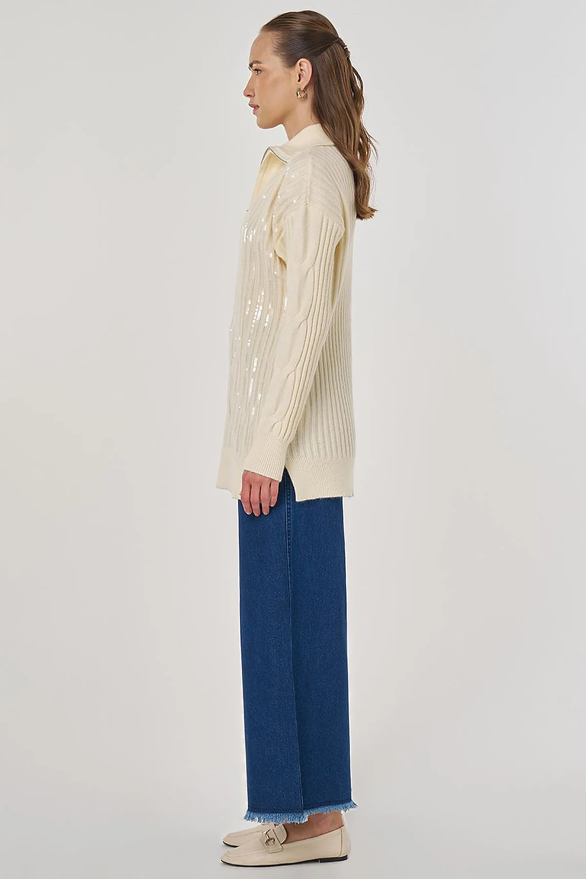 Sequin Embroidered Viscose Knit Tunic in Beige