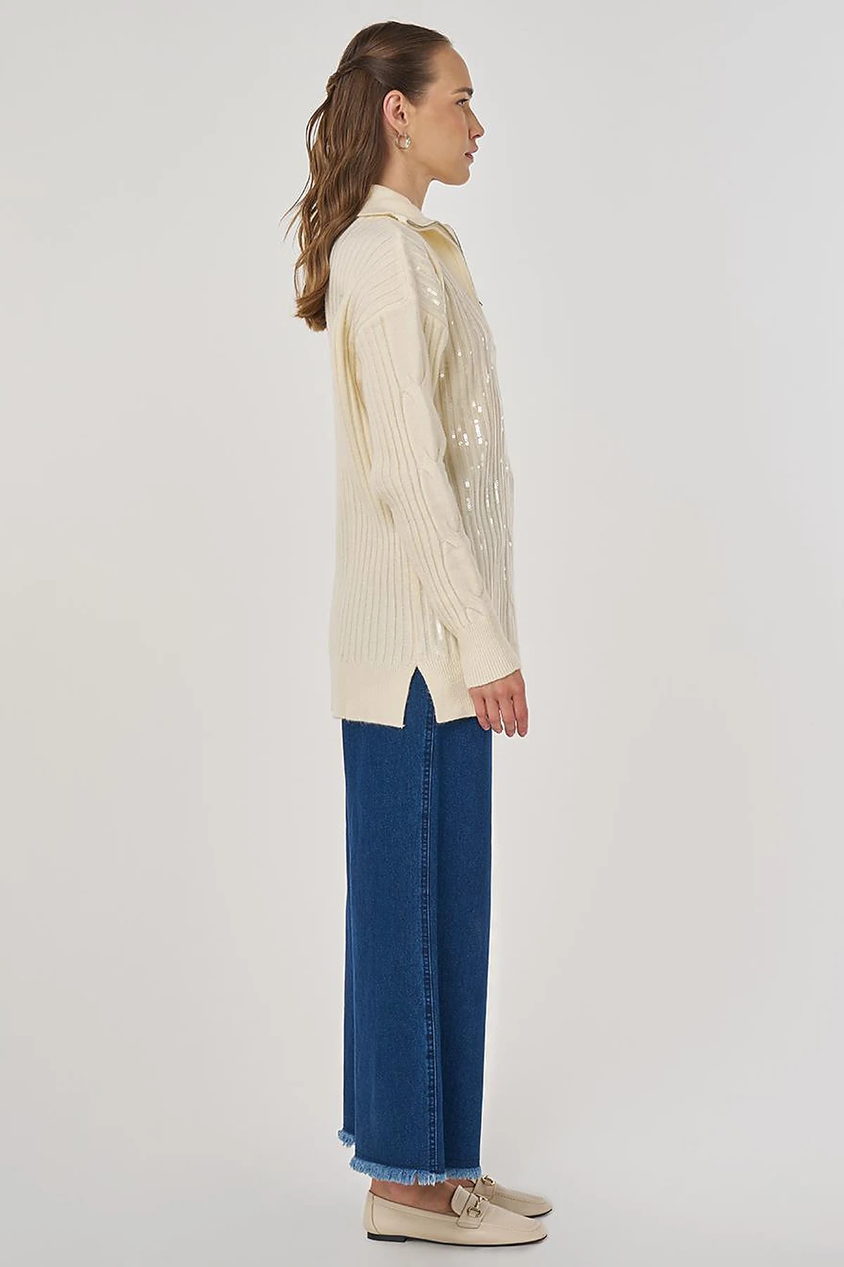 Sequin Embroidered Viscose Knit Tunic in Beige