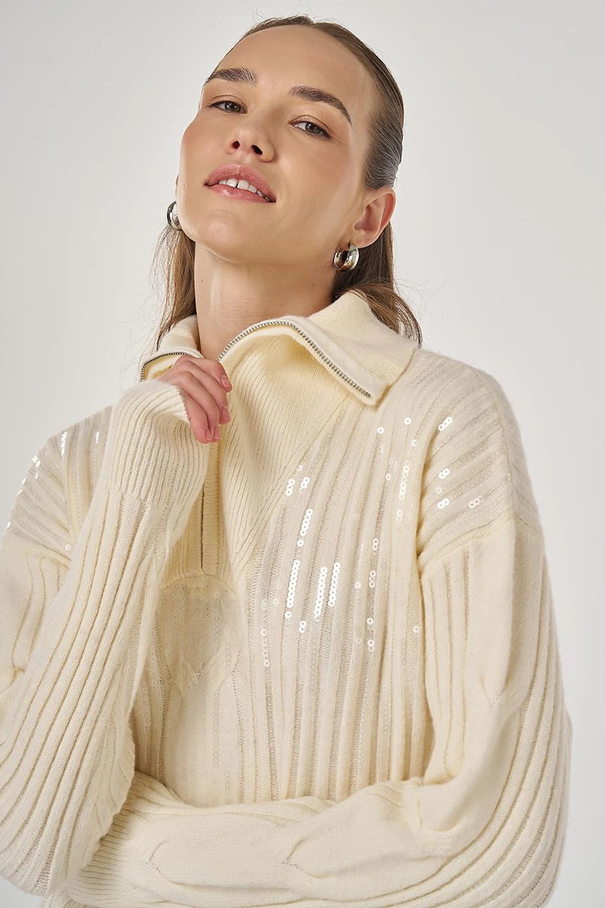 Sequin Embroidered Viscose Knit Tunic in Beige